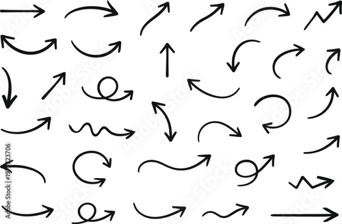 Collection of hand drawn black arrows and curved lines on a white background indicating direction and movement
