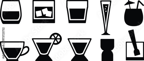 Vector Black and white illustration of various cocktail glasses and bar tools