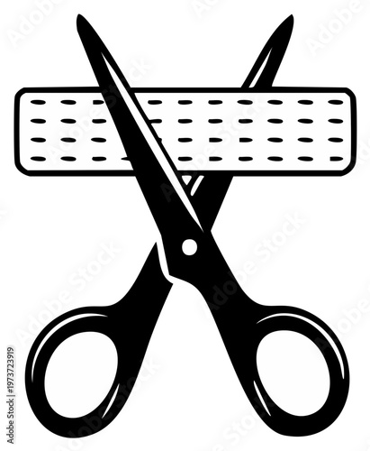 Cutting bandage with scissors illustration. First aid concept with black scissors cutting a band aid strip. Vector medical aid graphic.