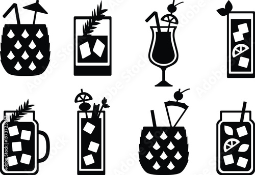 Variety of tropical cocktails a black and white illustrated Vector collection of refreshing drinks