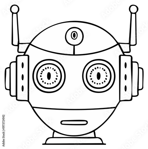 Cartoon robot face in outline with antennas and dotted eyes