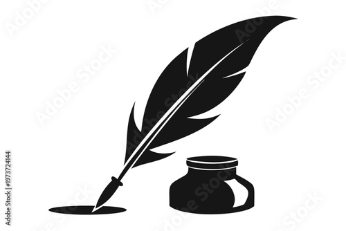 feather pen and ink icon, Elegant black quill pen silhouette vector