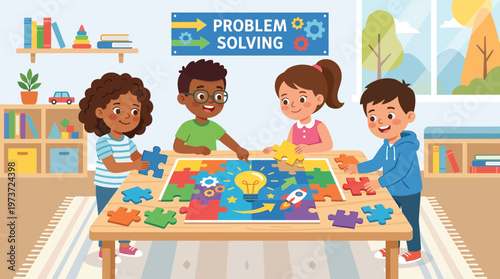 Diverse children engaging in problem solving activity.