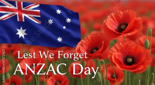 A respectful commemoration of anzac day featuring the australian flag and vibrant red poppies.