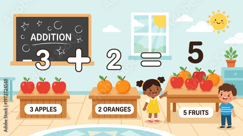 Kids learning addition with fruits.