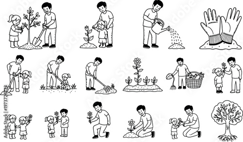 Vintage illustration of traditional japanese figures in kimonos performing various activities depicting cultural scenes