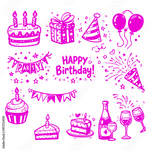 Pink Birthday Celebration Illustrations Set