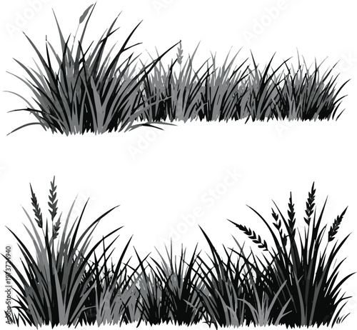 Generated on sketched grass and bushes in varying shades of gray and black vector art on white background