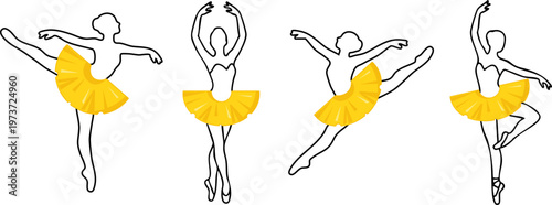 Ballerinas in pineapple dresses creative silhouettes set. Fruit ballet dancer poses isolated