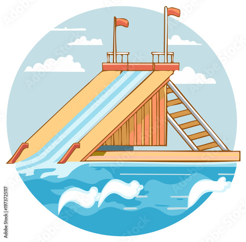 Illustration of waterslides and pools for family recreational activities