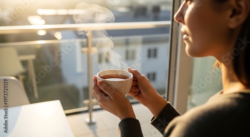 Commercial stock photo of a person holding a warm cup of tea by the balcony, soft morning light, calm mood, minimal home interior, realistic skin texture, wellness and mindfulness concept