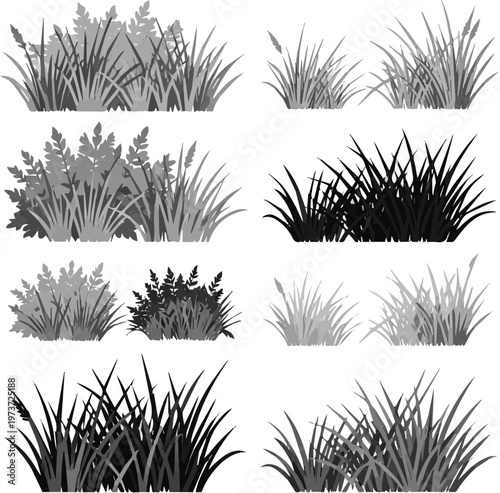 Generated on sketched grass and bushes in varying shades of gray and black vector art on white background