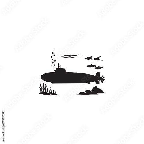 Submarine underwater silhouette vector white background.