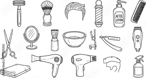 Vintage collection of black and white illustrated bathroom and personal care items including hairdryers and razors