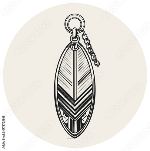 Stylized Surfboard Pendant Sketch on Cream Background Beach Lifestyle Art