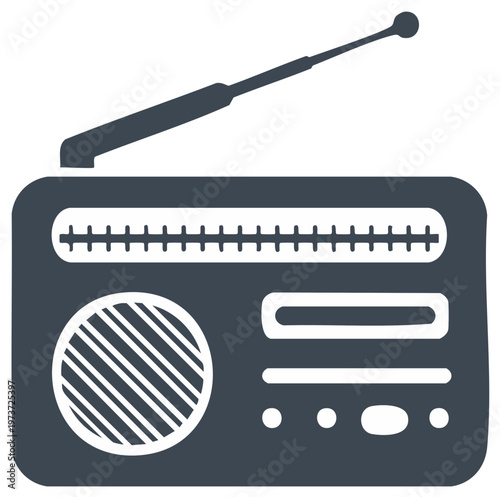 Isolated antique radio device, receiver with tuning dial and antenna for listening on the go, vector illustration