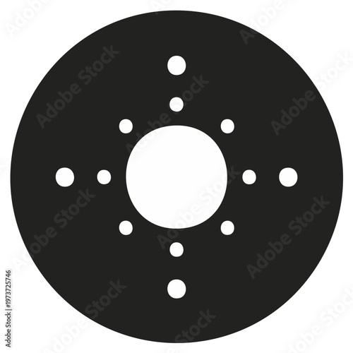 Black brake disc rotor silhouette. Simple vector graphic icon of a car or motorcycle part.