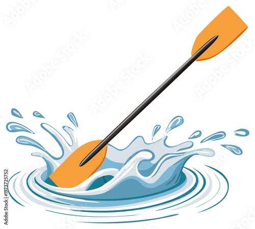Orange paddle blade hitting water causing a dynamic splash and ripples