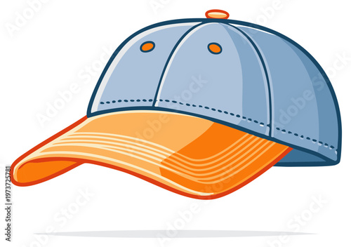 Stylized cartoon illustration of a blue and orange baseball cap