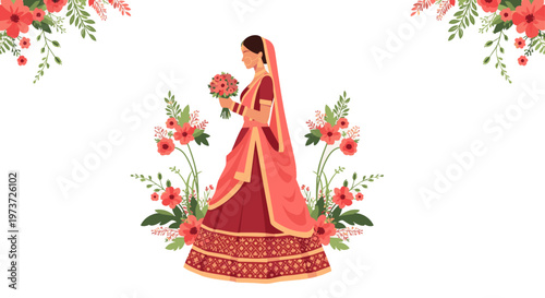 Portrait of bride in red embroidered lehenga gown.
