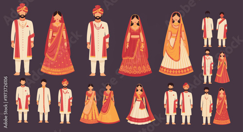 Illustrated Indian Bride And Groom Couples In Traditional Wedding Attire.