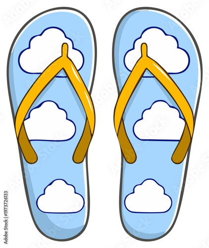 Creative flip flops with cloud pattern on light blue soles and yellow straps