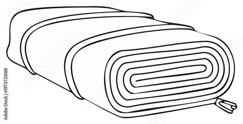 Simple line art illustration of a rolled up sleeping bag or camping blanket with straps icon