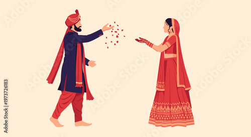 Indian bride and groom in traditional wedding attire.