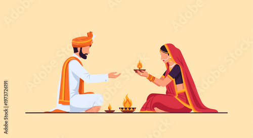 Indian bride and groom performing Hindu wedding ritual.