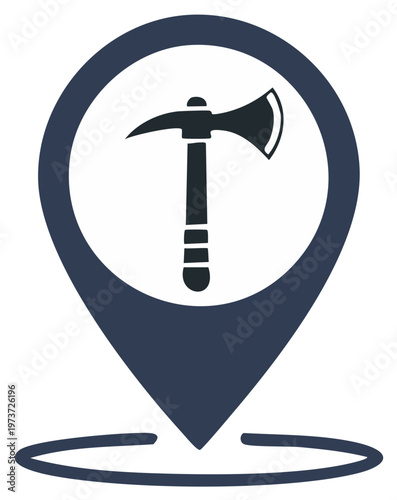 Axe Tool Location Marker Icon, Mining Site Pin Sign, Mine Place Pointer Symbol, Map Navigation