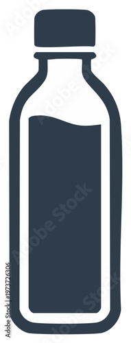 Simple dark blue icon of a bottle filled with liquid and a cap