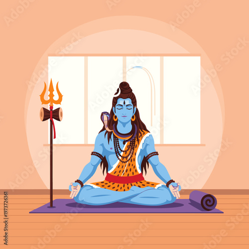 Blue Hindu deity Shiva seated in meditation pose.