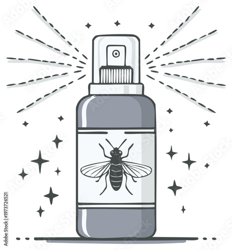 Insecticide spray bottle with flying insect graphic and radiating spray effect