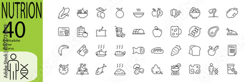 Nutrion icon set. Editable stroke. Vector illustration.