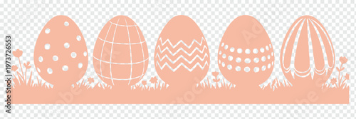 Colorful Easter eggs in grass with  flowers isolated on transparent background