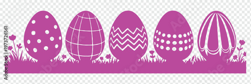 Colorful Easter eggs in grass with  flowers isolated on transparent background
