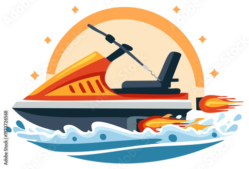 Dynamic Jet Ski Speeding Through Water with Fiery Exhaust and Sunburst