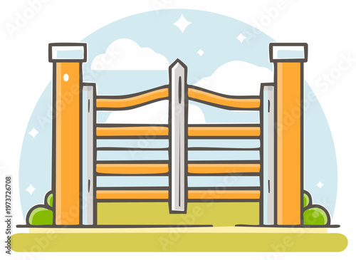 Charming hand drawn style wooden gate illustration with fence posts blue sky and green grass