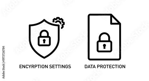 Shield with padlock and gear icons for encryption settings with data protection with authorized access with secure data with data security with confidential