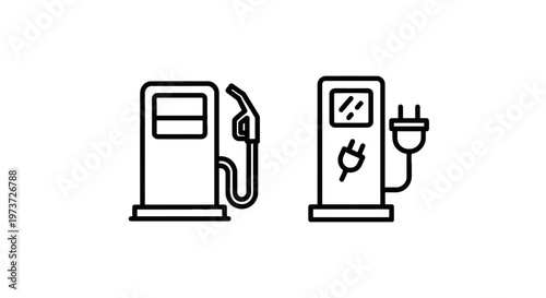 Electric vehicle charging station vs. traditional gas pump icons with electric car with ev charger with alternative energy with eco friendly