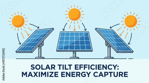 Stylized solar panel tilt illustration with sun rays and arrows, symbolizing energy capture, efficiency, renewable power, sustainability.