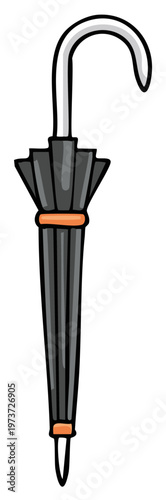 Stylized black folded umbrella with curved handle and orange bands for rainy weather design
