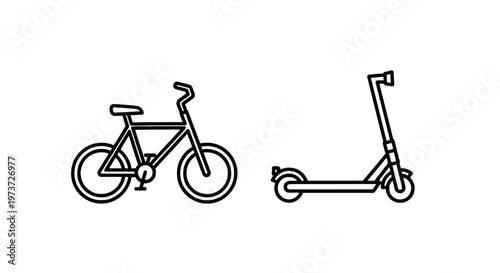 Bicycle and electric scooter icons representing transportation choices with eco friendly with line art with two wheels