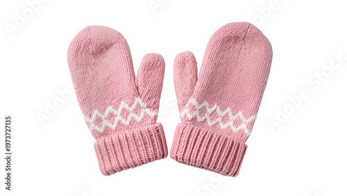 Fotografie Pink knitted mittens with white zigzag pattern