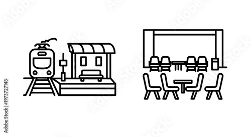 Train station and waiting area icons with public transport with station icon with waiting room with travel icon with station building with commuter train