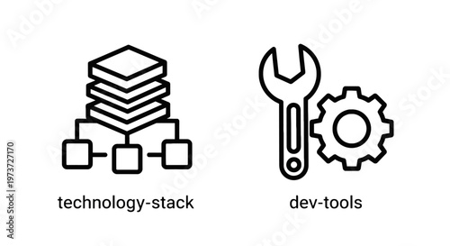 Icons for technology stack and development tools with dev tools with software development with web development with line art with building blocks