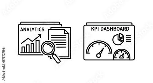 Analytics and kpi dashboard icons for business performance tracking and data visualization with bar chart with pie chart with magnifying glass with line art