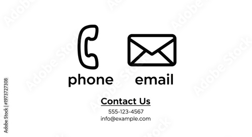 Phone and email icons with contact us information for communication and support with customer service with line art with black and white with reach out