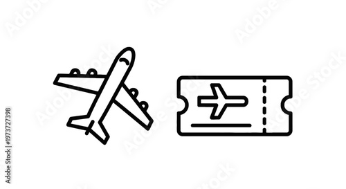 Airplane and flight ticket icons for air travel, booking and international journey