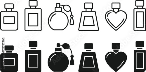 Collection of black and white perfume bottle outline illustrations